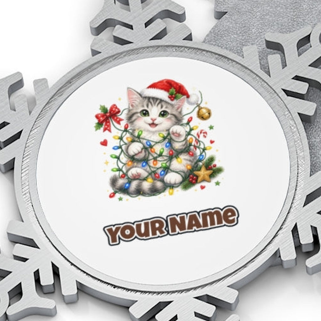 Kitten Tangled in Fairy Lights Personalised Pewter Christmas Ornament