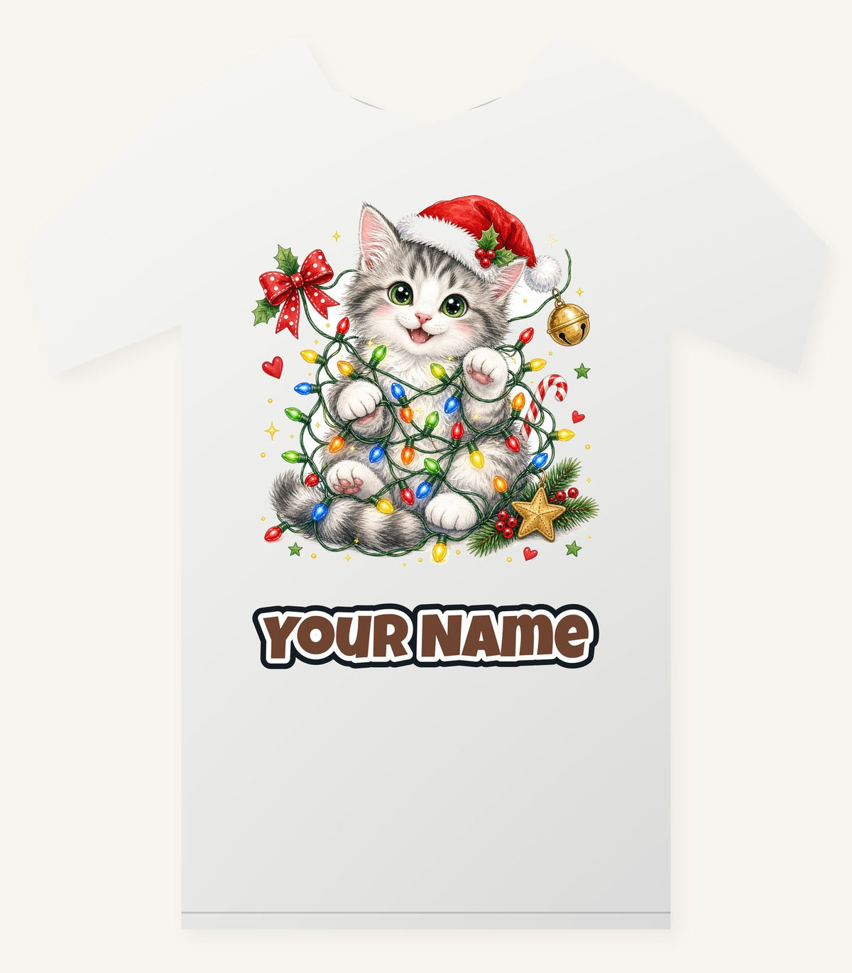 Kitten Tangled in Fairy Lights Personalised Christmas T-Shirt and Hoodie