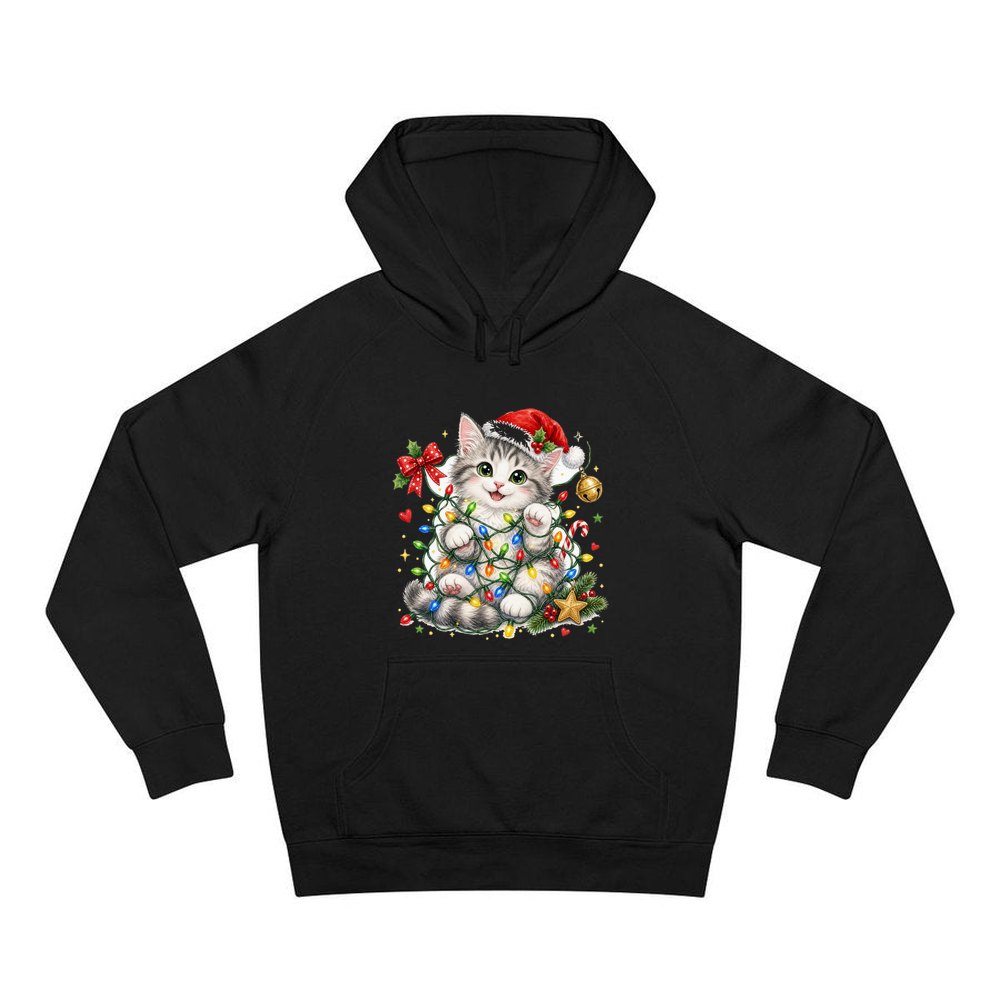 Kitten Tangled in Fairy Lights personalised Christmas hoodie in black