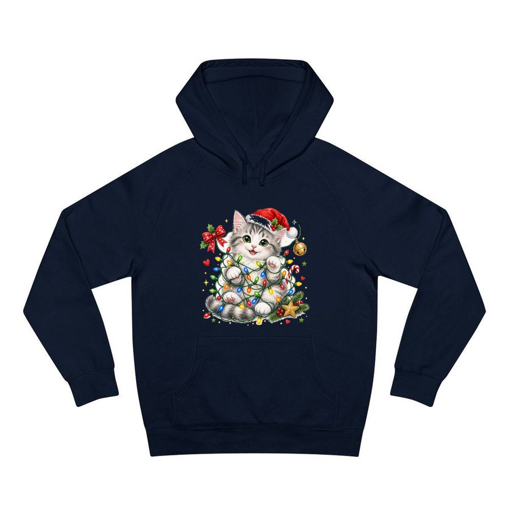 Kitten Tangled in Fairy Lights personalised Christmas hoodie in navy