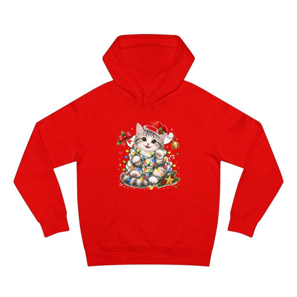 Kitten Tangled in Fairy Lights personalised Christmas hoodie in red