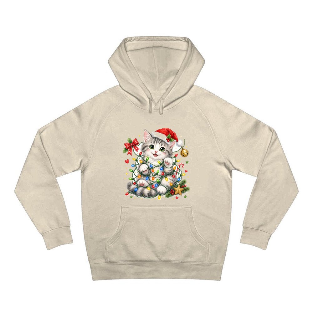 Kitten Tangled in Fairy Lights personalised Christmas hoodie in sand