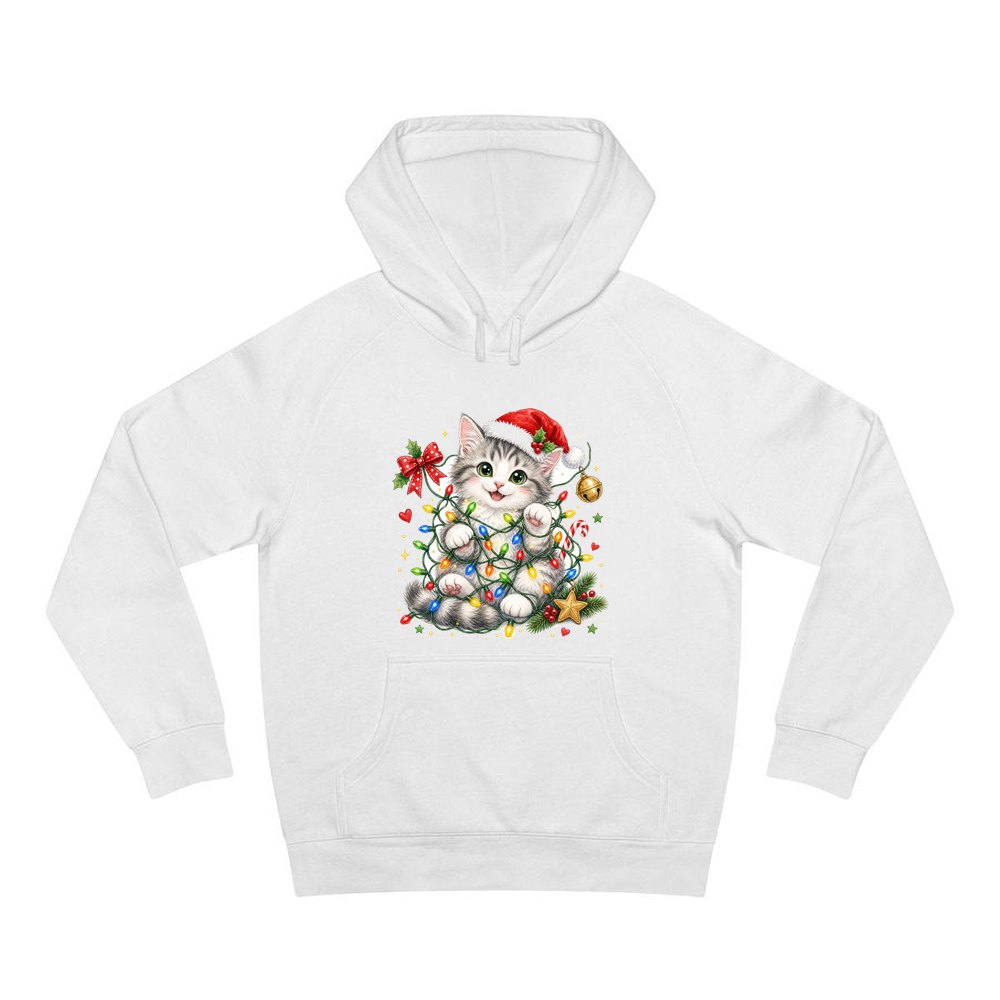 Kitten Tangled in Fairy Lights personalised Christmas hoodie in white