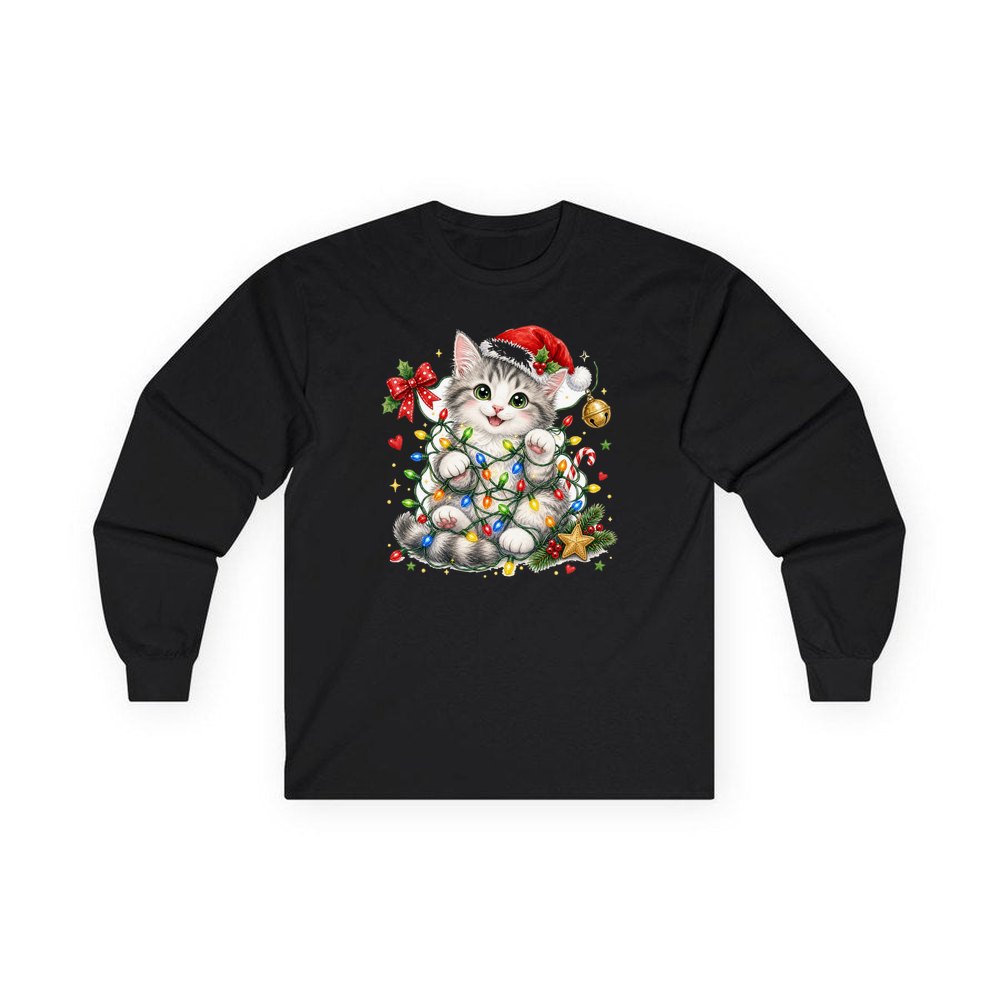 Kitten Tangled in Fairy Lights personalised long sleeve Christmas T-shirt in black