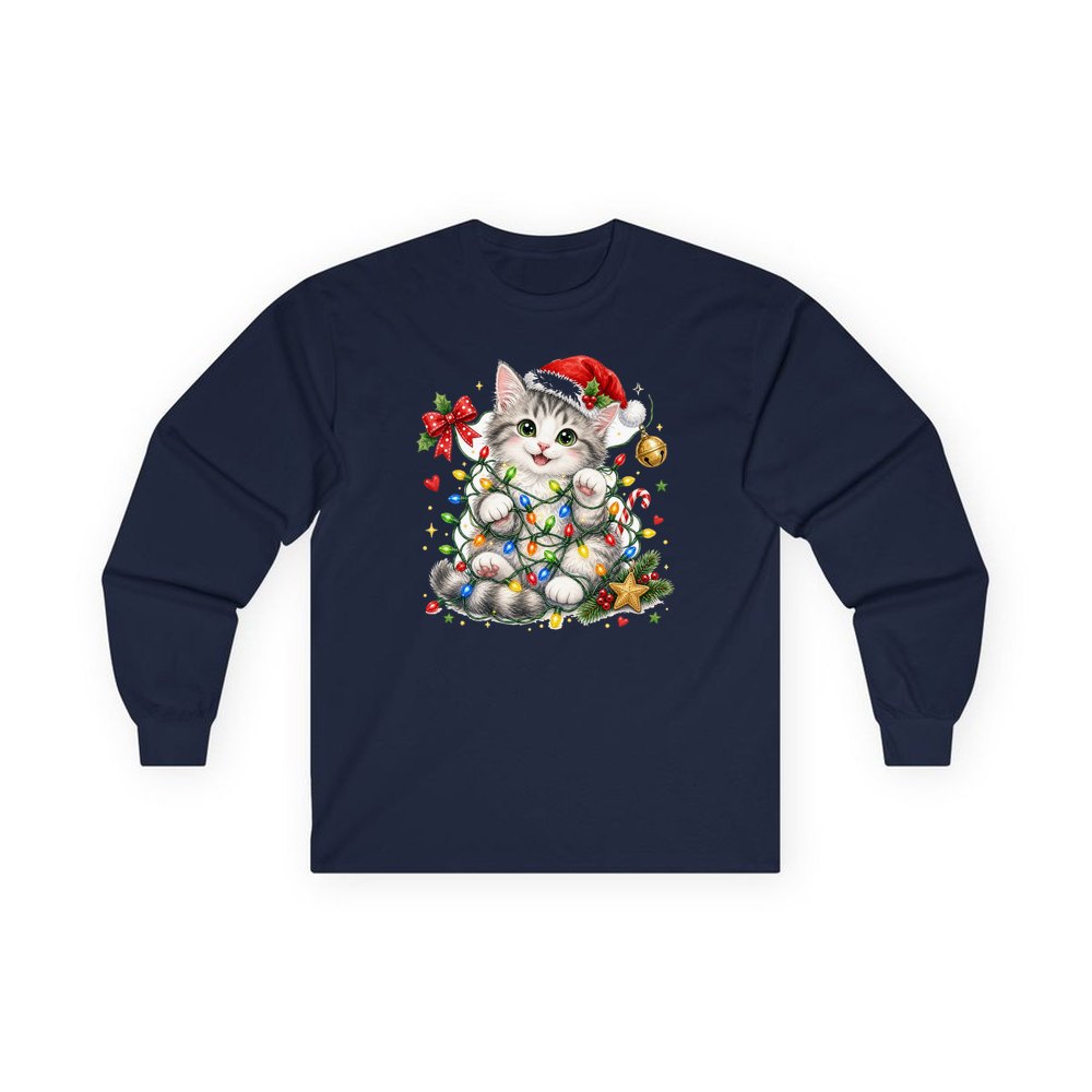 Kitten Tangled in Fairy Lights personalised long sleeve Christmas T-shirt in navy