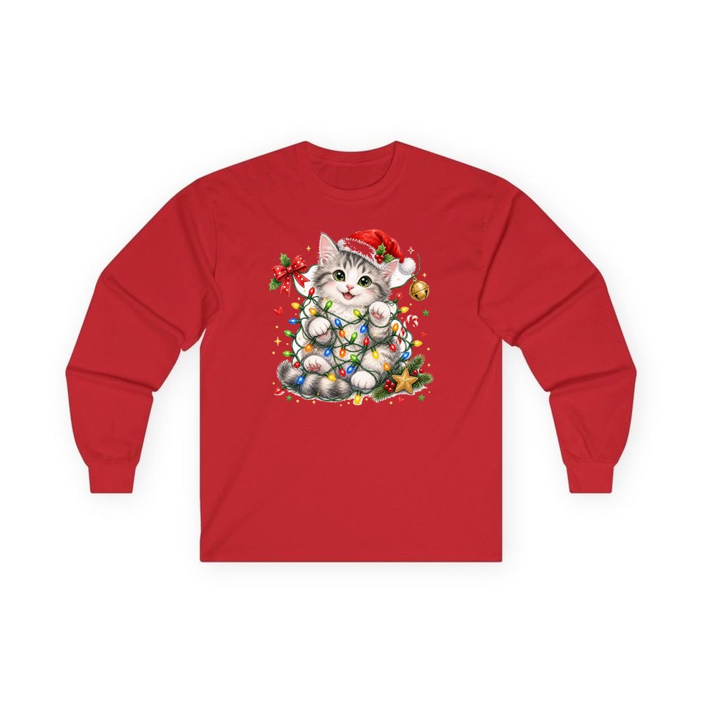 Kitten Tangled in Fairy Lights personalised long sleeve Christmas T-shirt in red