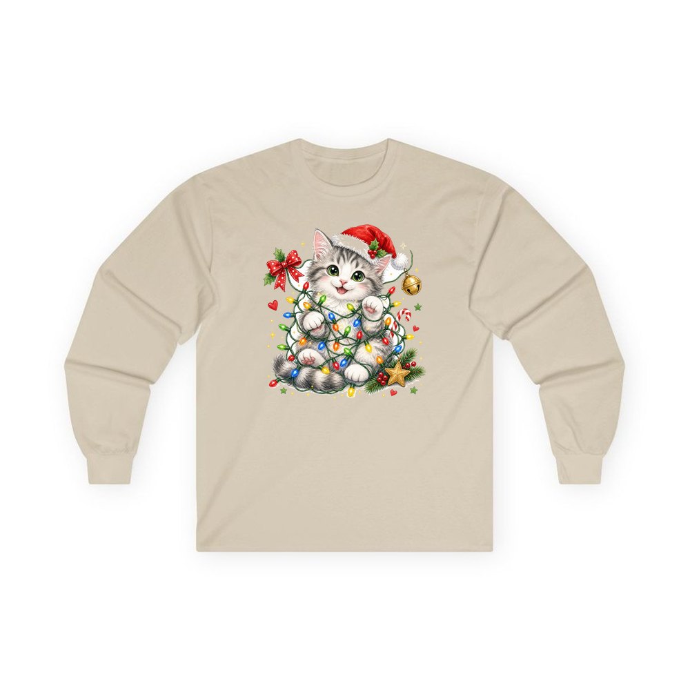 Kitten Tangled in Fairy Lights personalised long sleeve Christmas T-shirt in sand