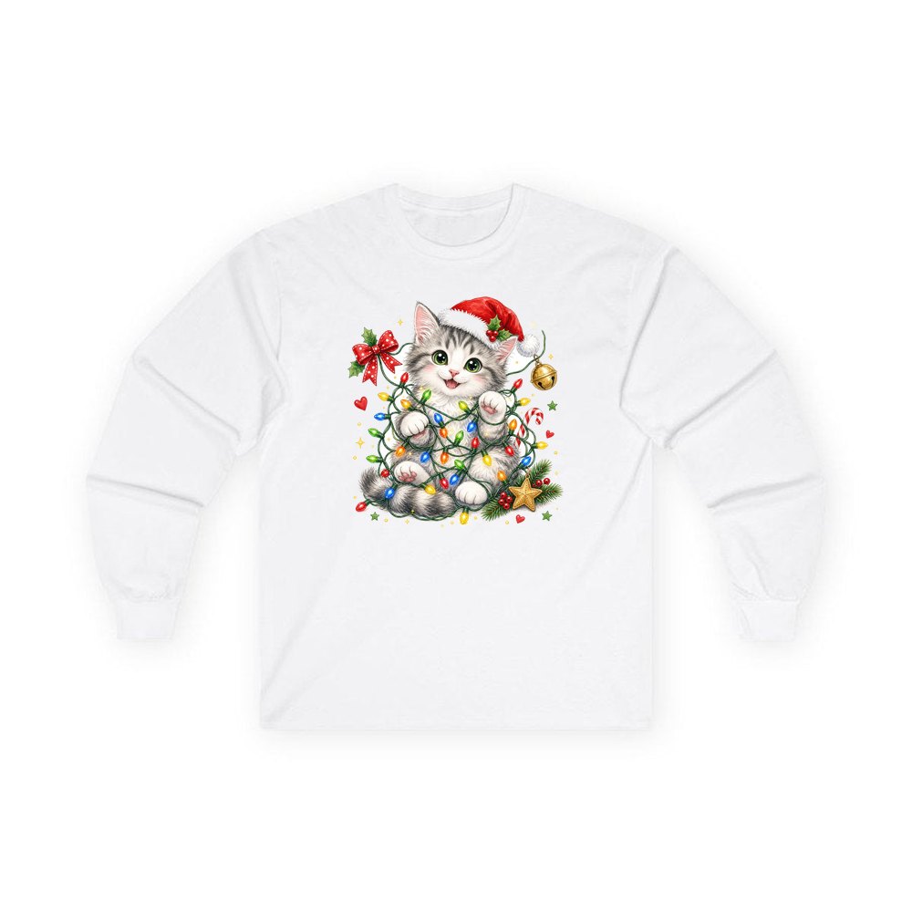 Kitten Tangled in Fairy Lights personalised long sleeve Christmas T-shirt in white