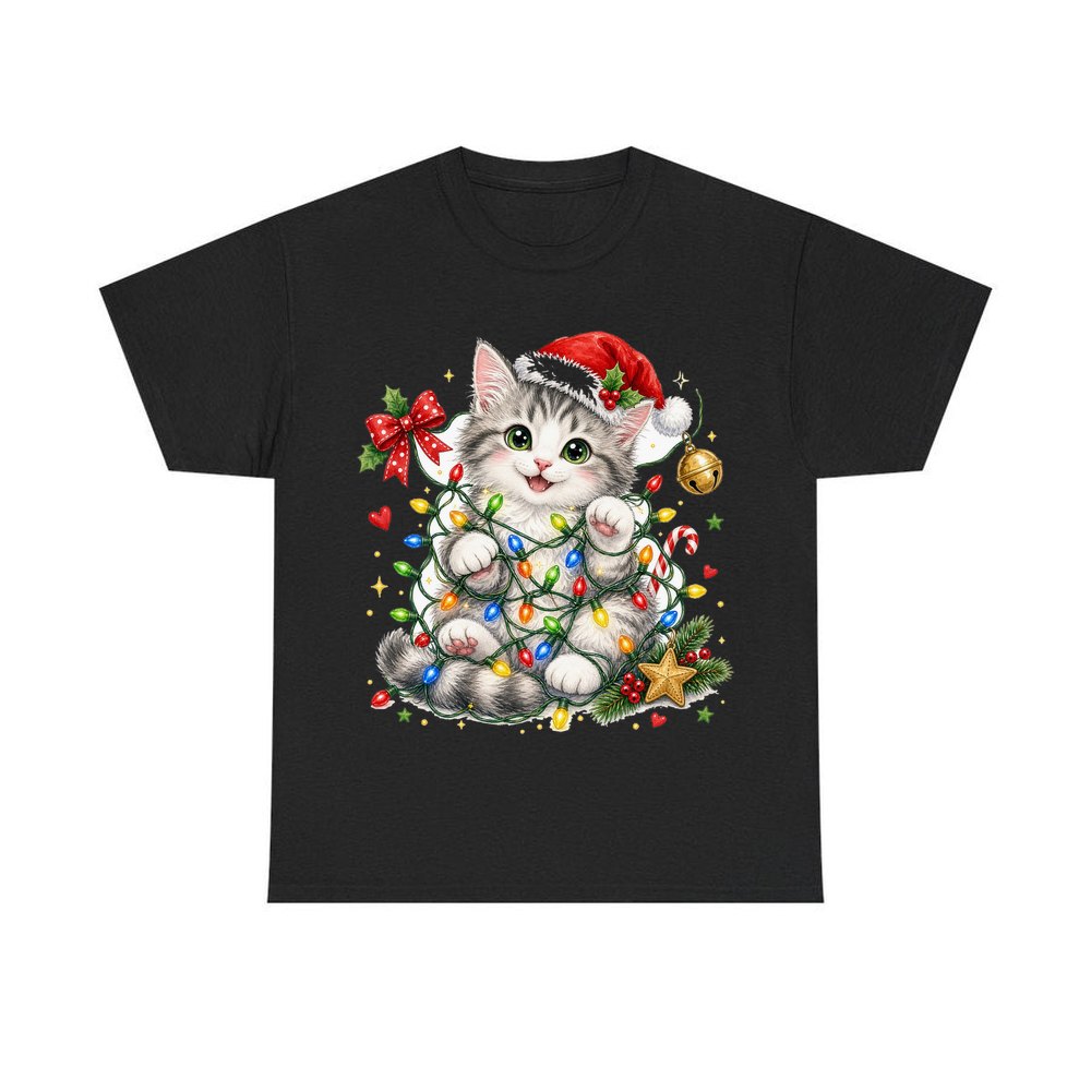 Kitten Tangled in Fairy Lights personalised Christmas T-shirt in black