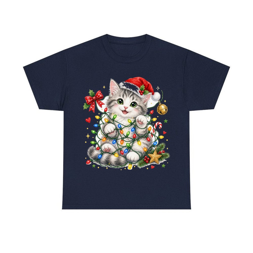Kitten Tangled in Fairy Lights personalised Christmas T-shirt in navy