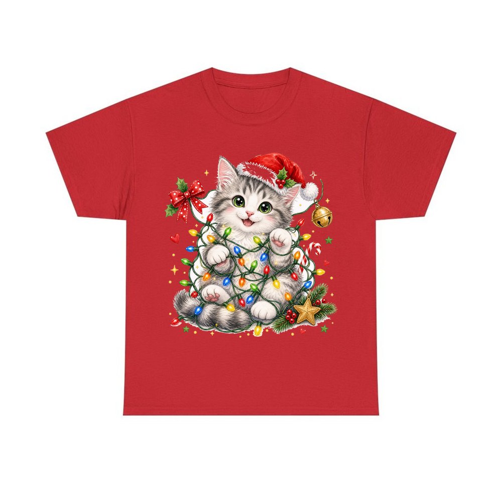 Kitten Tangled in Fairy Lights personalised Christmas T-shirt in red