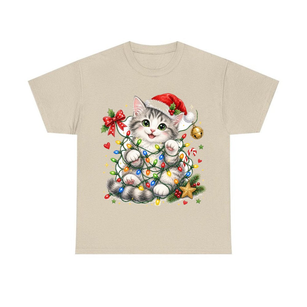 Kitten Tangled in Fairy Lights personalised Christmas T-shirt in sand
