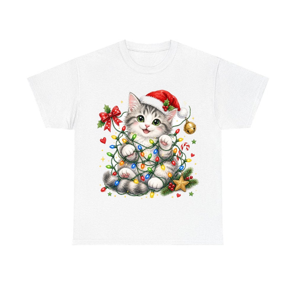 Kitten Tangled in Fairy Lights personalised Christmas T-shirt in white