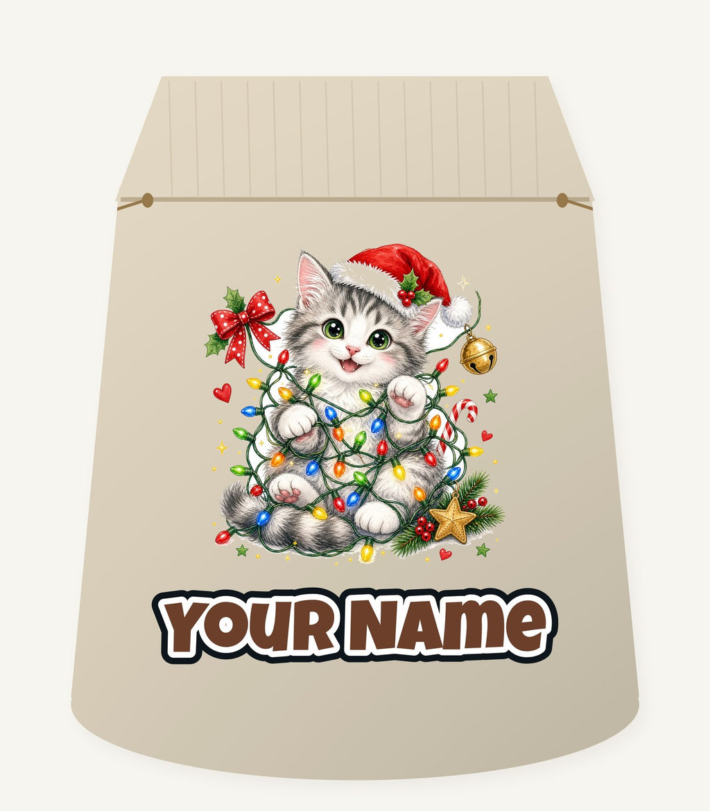 Kitten Tangled in Fairy Lights Personalised Santa Sack