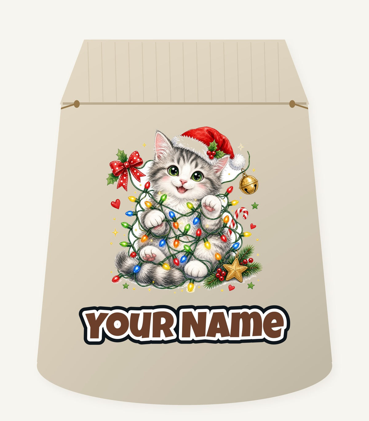 Kitten Tangled in Fairy Lights Personalised Santa Sack