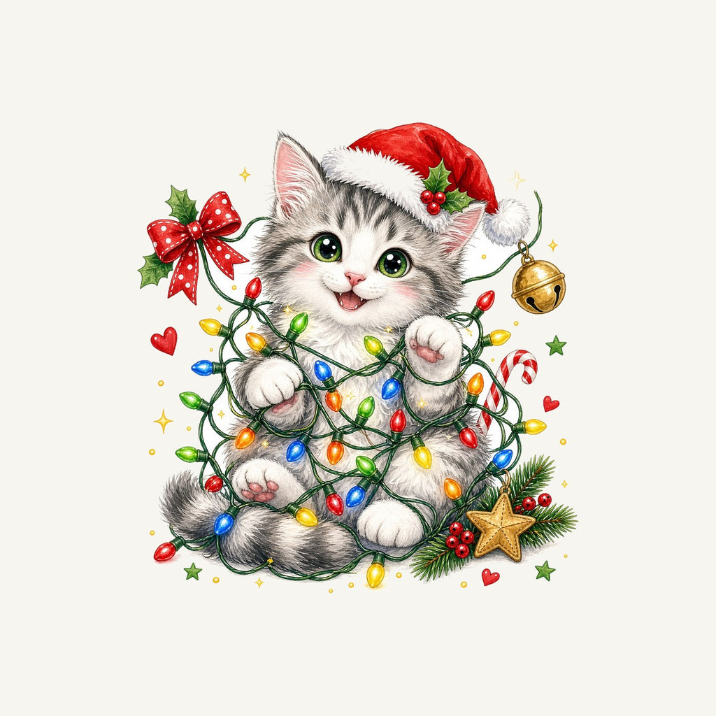 Kitten Tangled in Fairy Lights Personalised Santa Sack