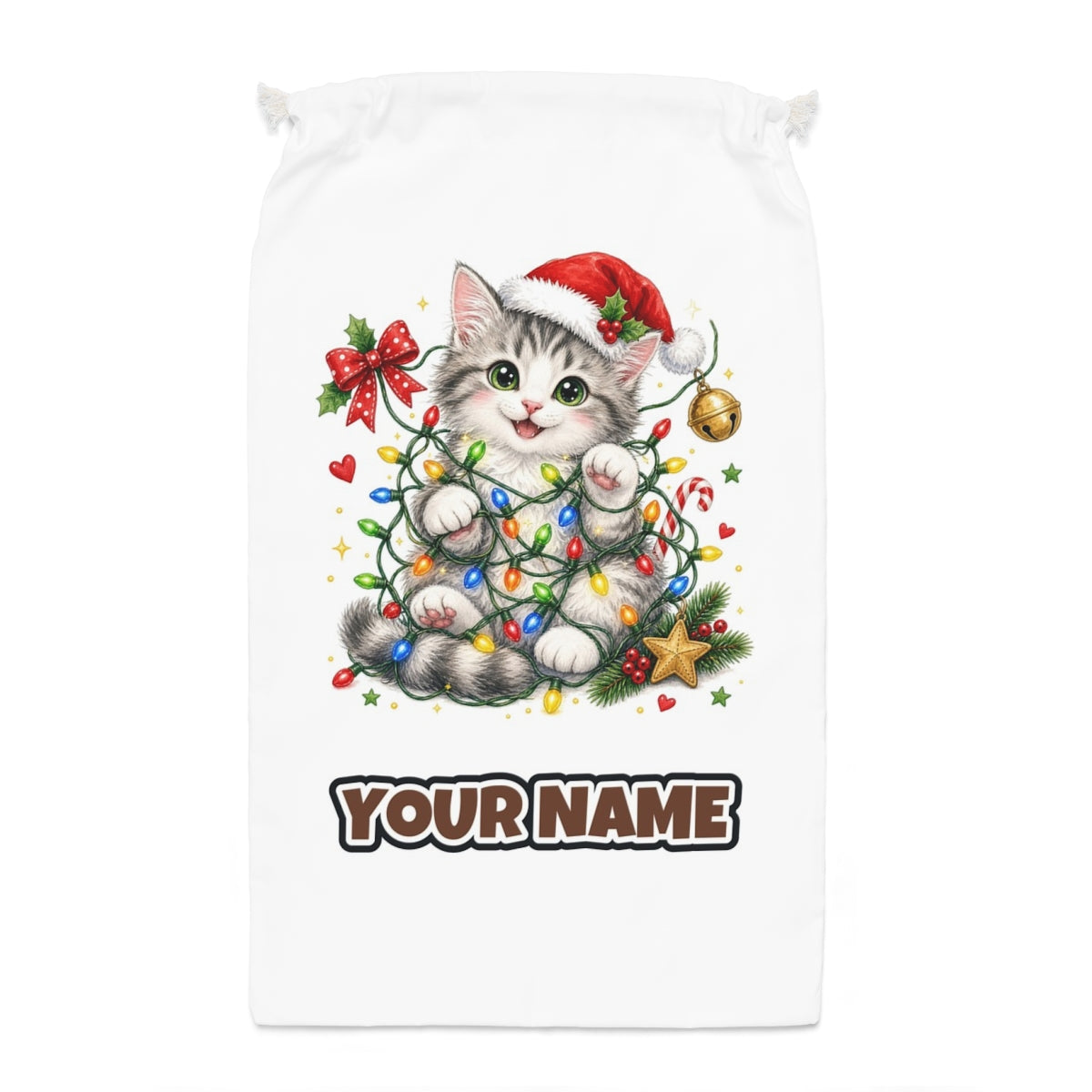 Kitten Tangled in Fairy Lights Santa sack laid flat, showing the full print