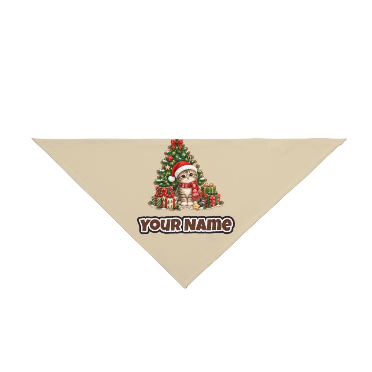 Kitten Under The Tree personalised Christmas pet bandana in beige, tie-on style