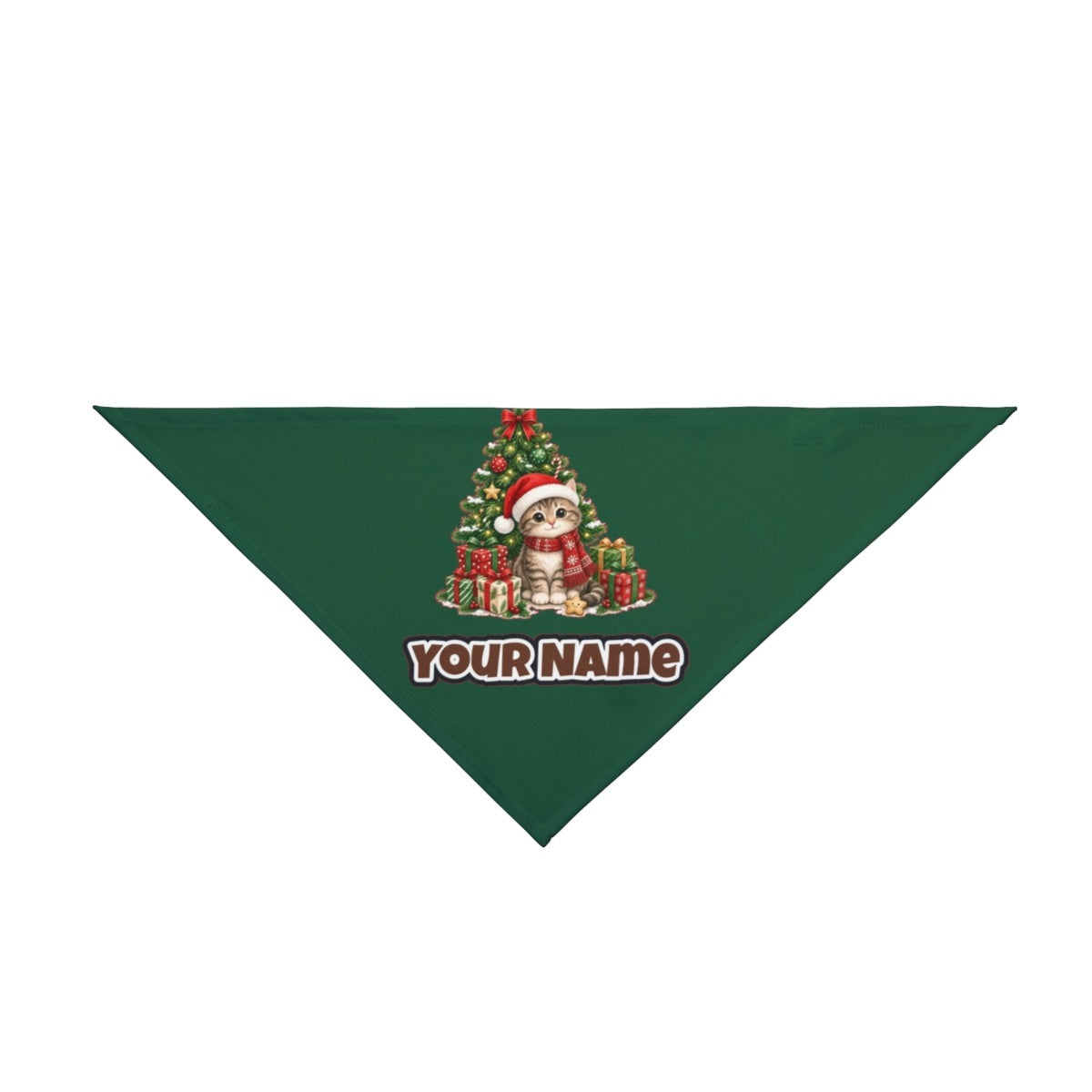 Kitten Under The Tree personalised Christmas pet bandana in green, tie-on style