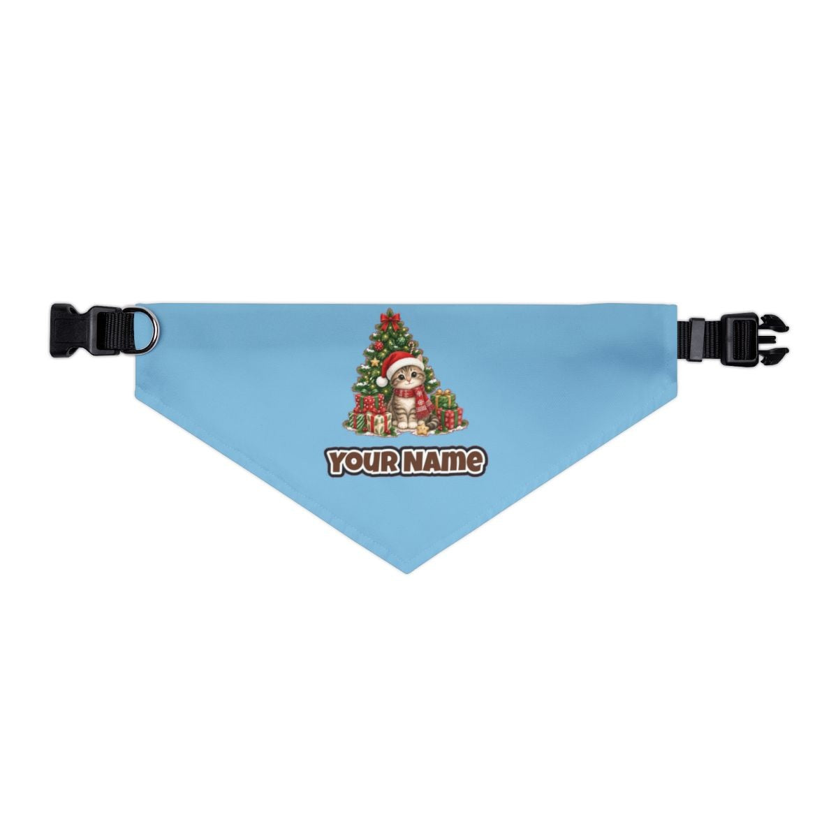 Kitten Under The Tree personalised Christmas pet bandana in sky blue, collar with buckle