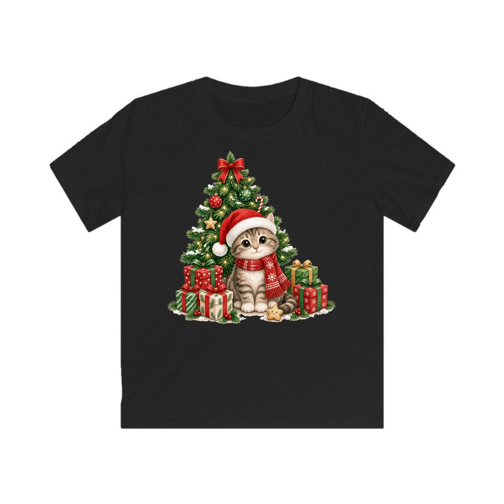 Kitten Under The Tree personalised kids Christmas tee in black