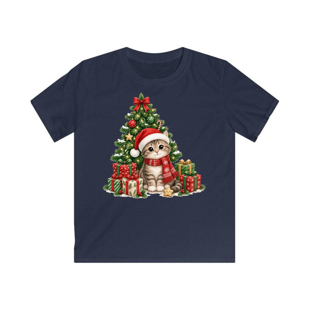 Kitten Under The Tree personalised kids Christmas tee in navy