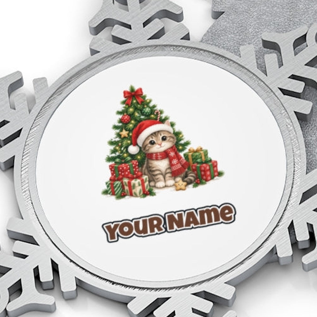 Kitten Under The Tree Personalised Pewter Christmas Ornament