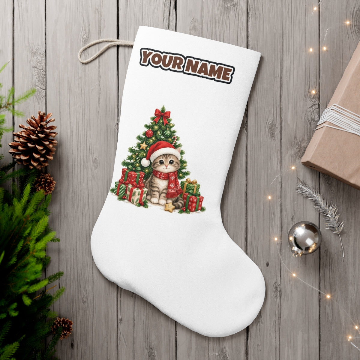 Kitten Under The Tree personalised Christmas stocking, white, with the name across the top