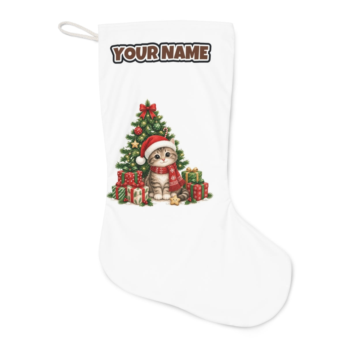 Kitten Under The Tree Christmas stocking laid flat, showing the full print