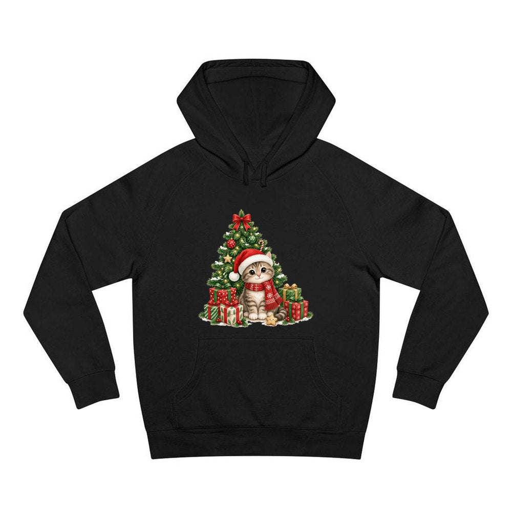Kitten Under The Tree personalised Christmas hoodie in black