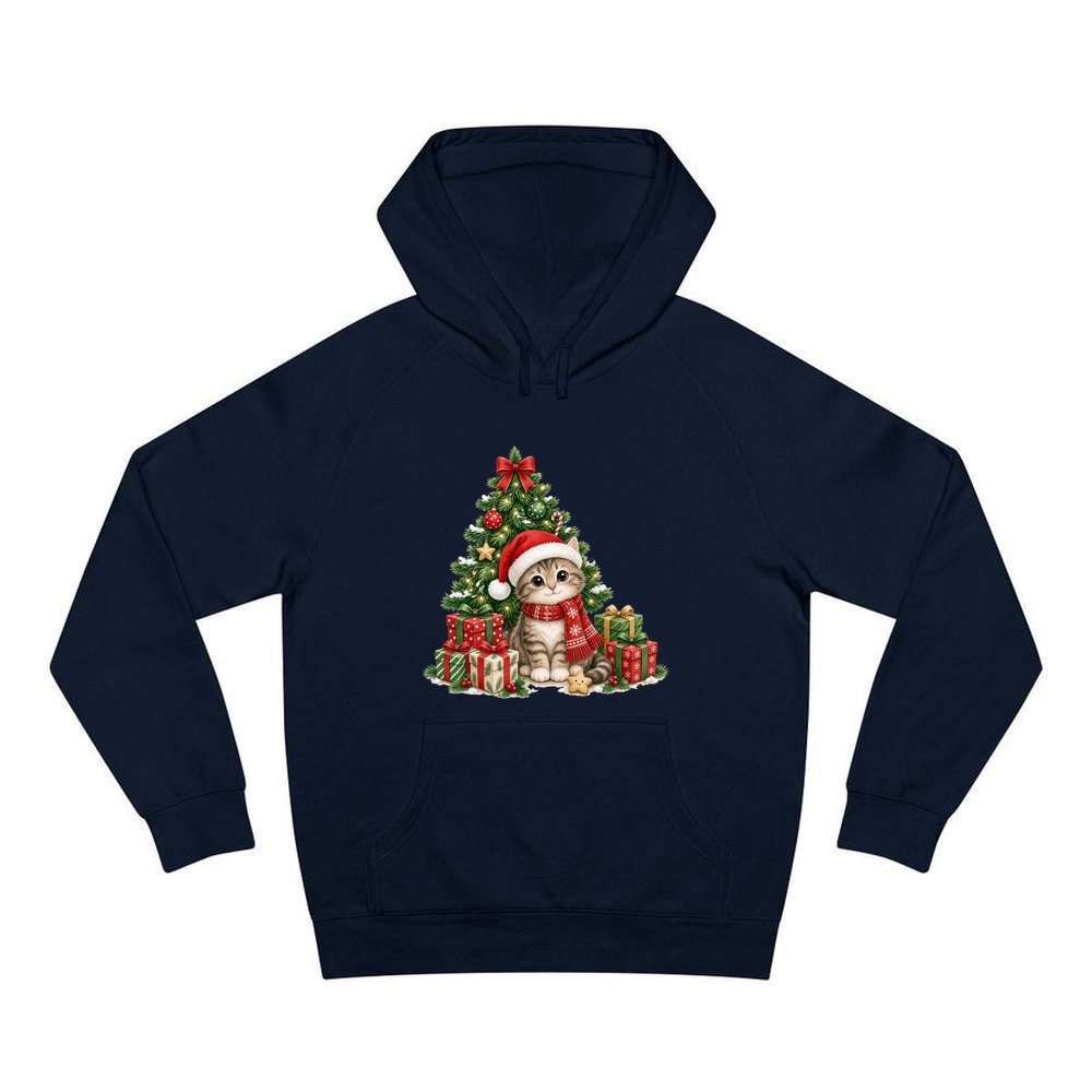 Kitten Under The Tree personalised Christmas hoodie in navy