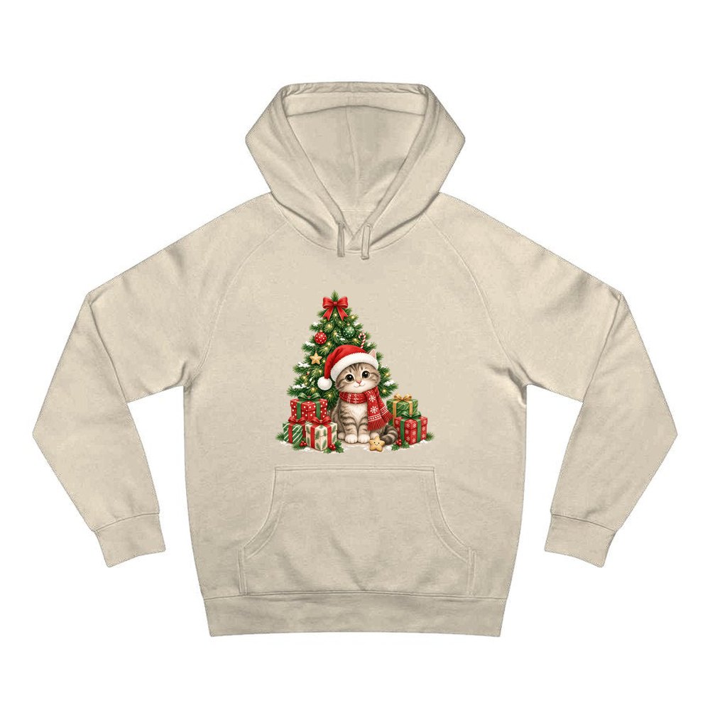 Kitten Under The Tree personalised Christmas hoodie in sand