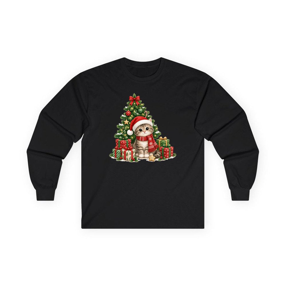 Kitten Under The Tree personalised long sleeve Christmas T-shirt in black