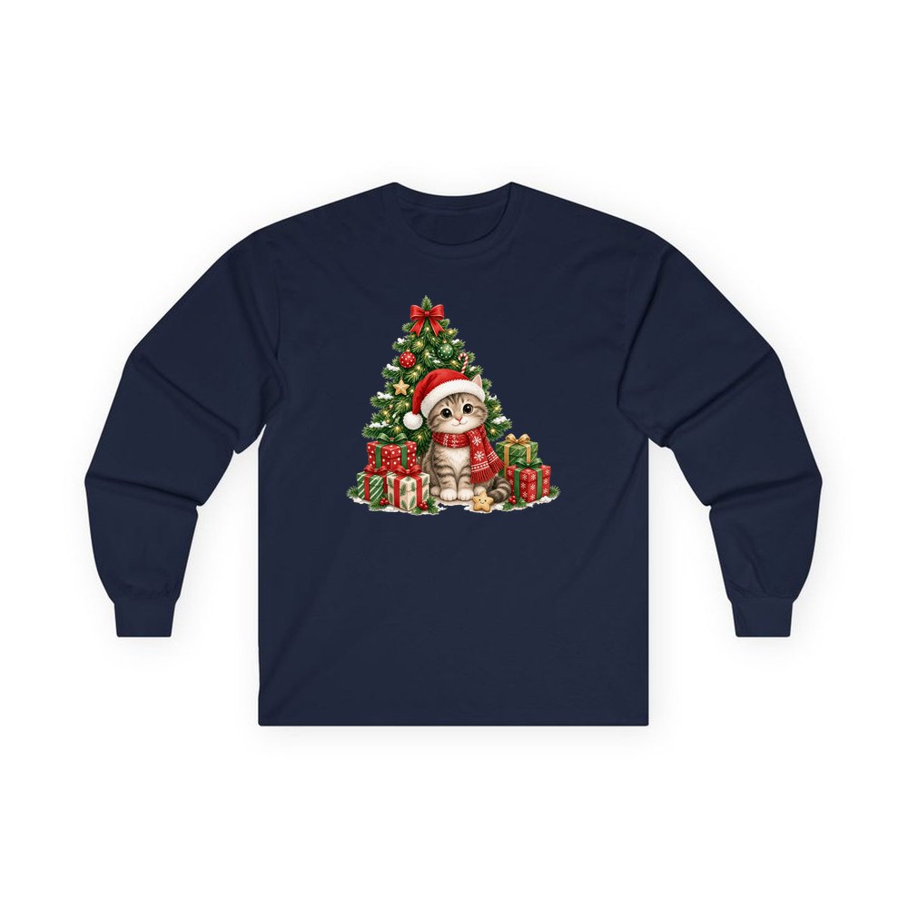 Kitten Under The Tree personalised long sleeve Christmas T-shirt in navy