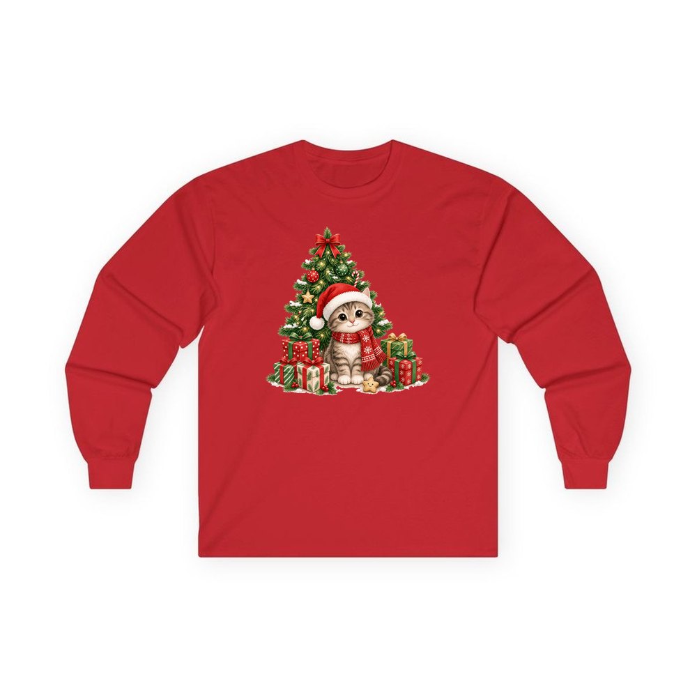 Kitten Under The Tree personalised long sleeve Christmas T-shirt in red