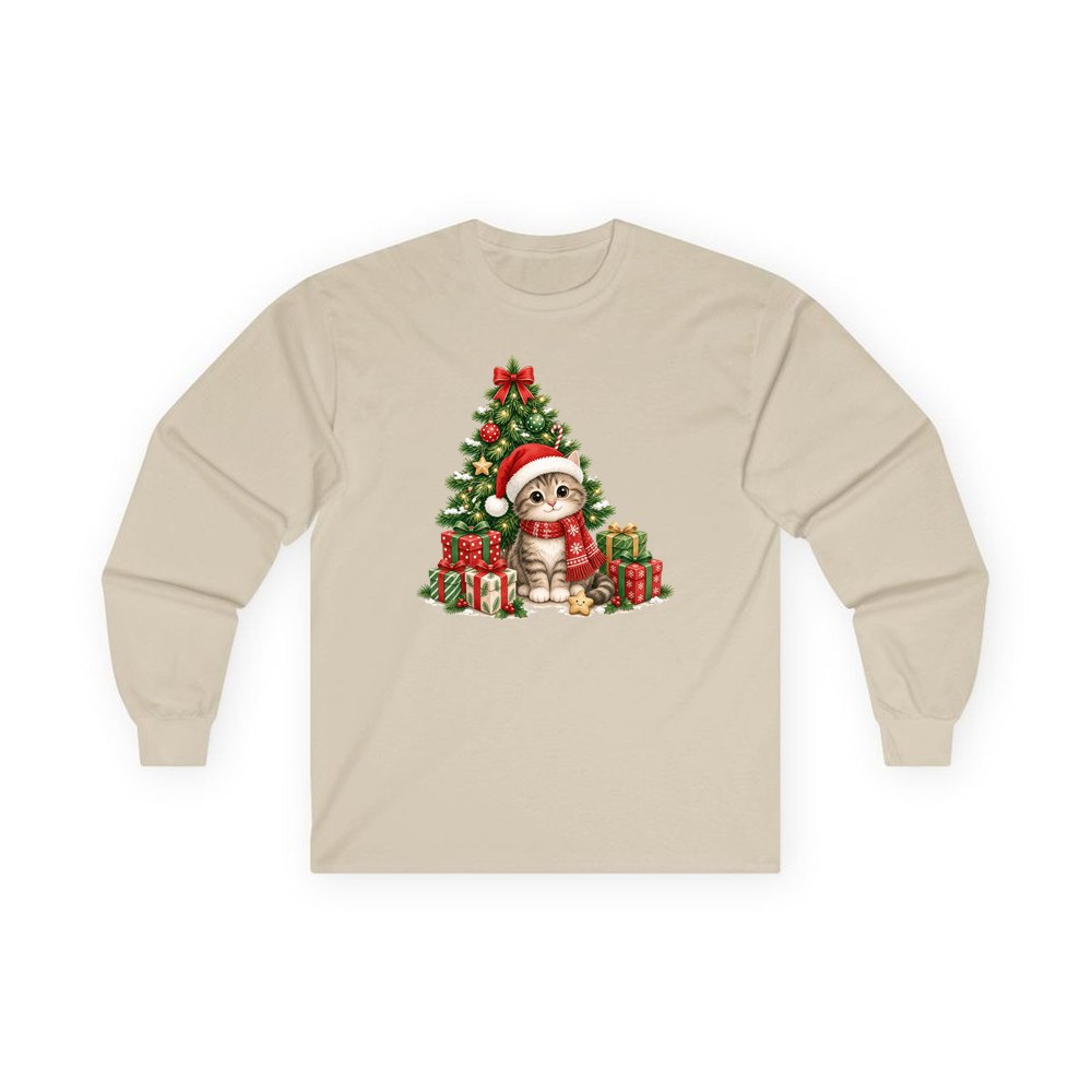 Kitten Under The Tree personalised long sleeve Christmas T-shirt in sand