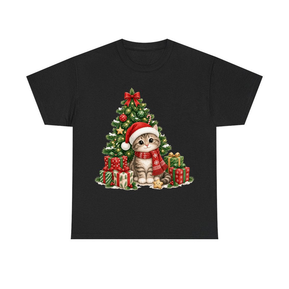 Kitten Under The Tree personalised Christmas T-shirt in black