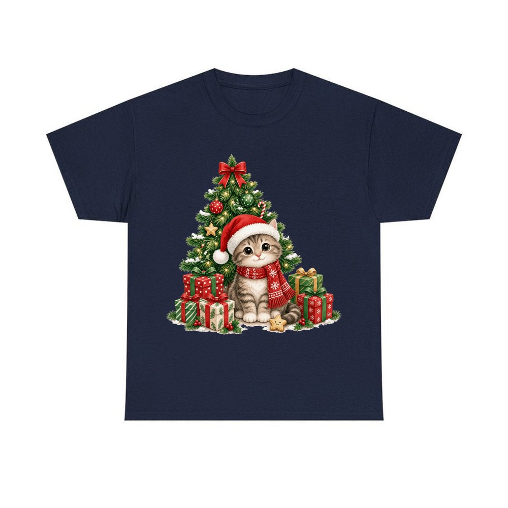 Kitten Under The Tree personalised Christmas T-shirt in navy