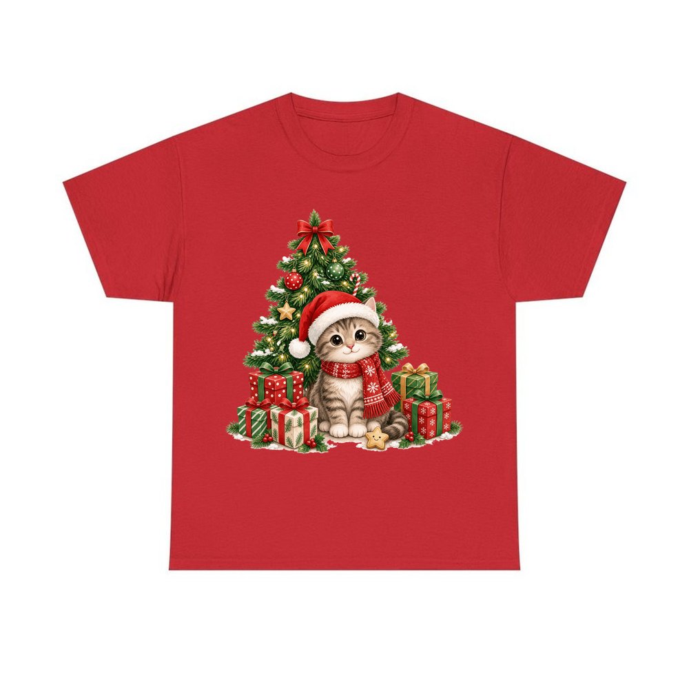 Kitten Under The Tree personalised Christmas T-shirt in red