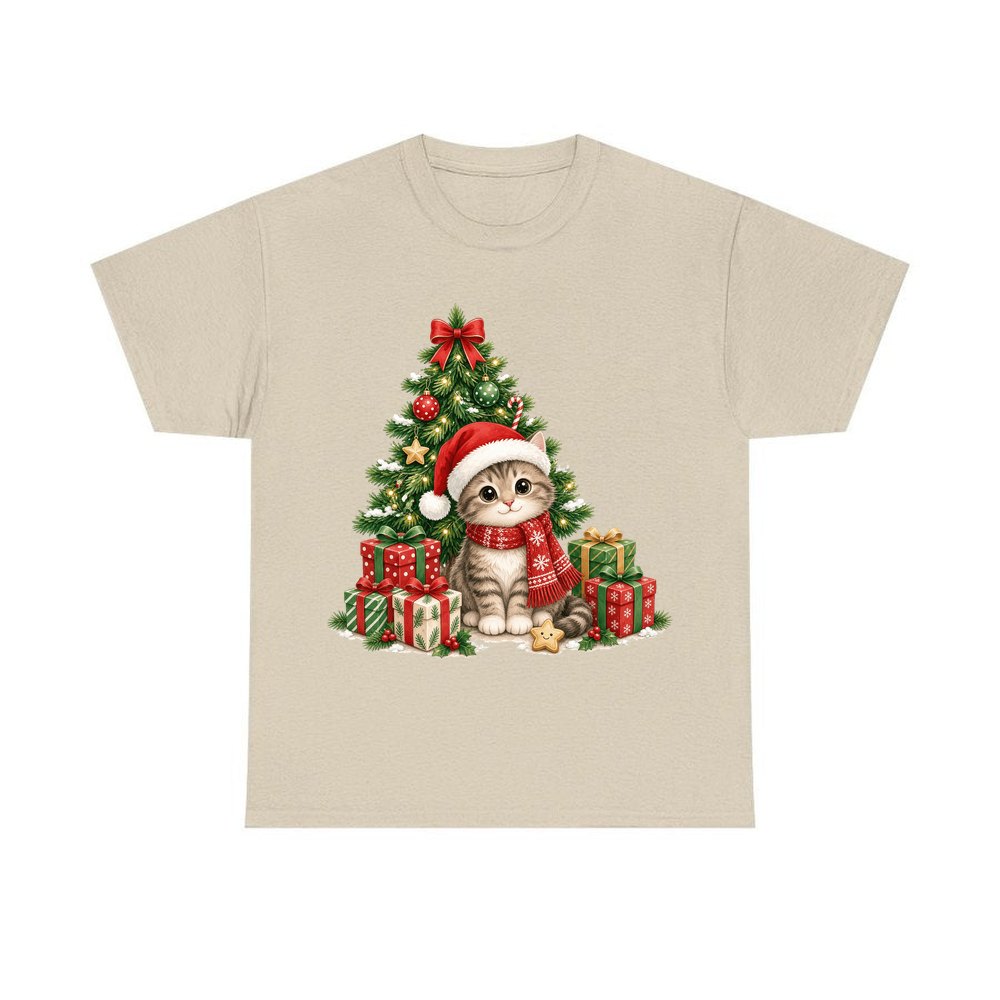 Kitten Under The Tree personalised Christmas T-shirt in sand