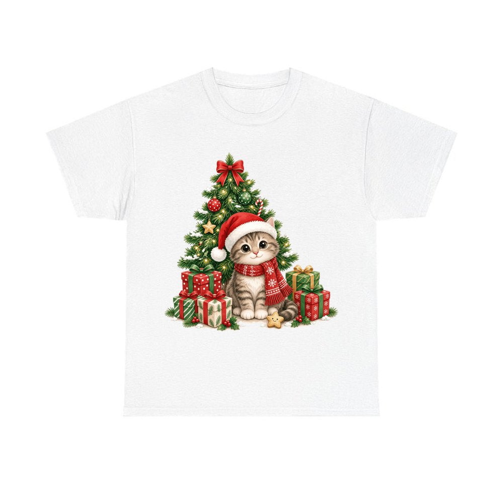 Kitten Under The Tree personalised Christmas T-shirt in white