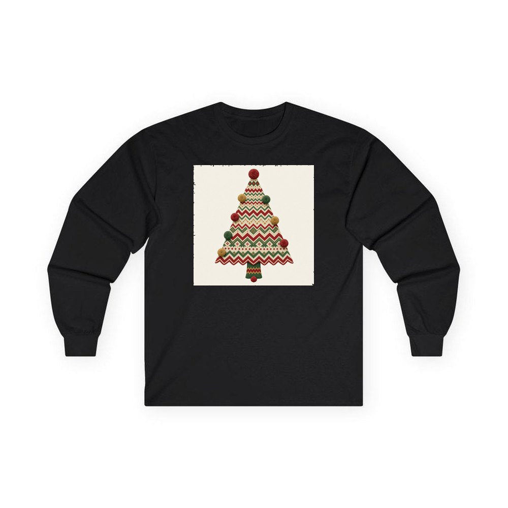 Knitted Fair Isle Tree personalised long sleeve Christmas T-shirt in black