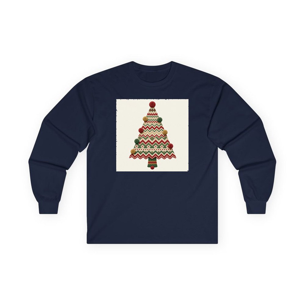 Knitted Fair Isle Tree personalised long sleeve Christmas T-shirt in navy