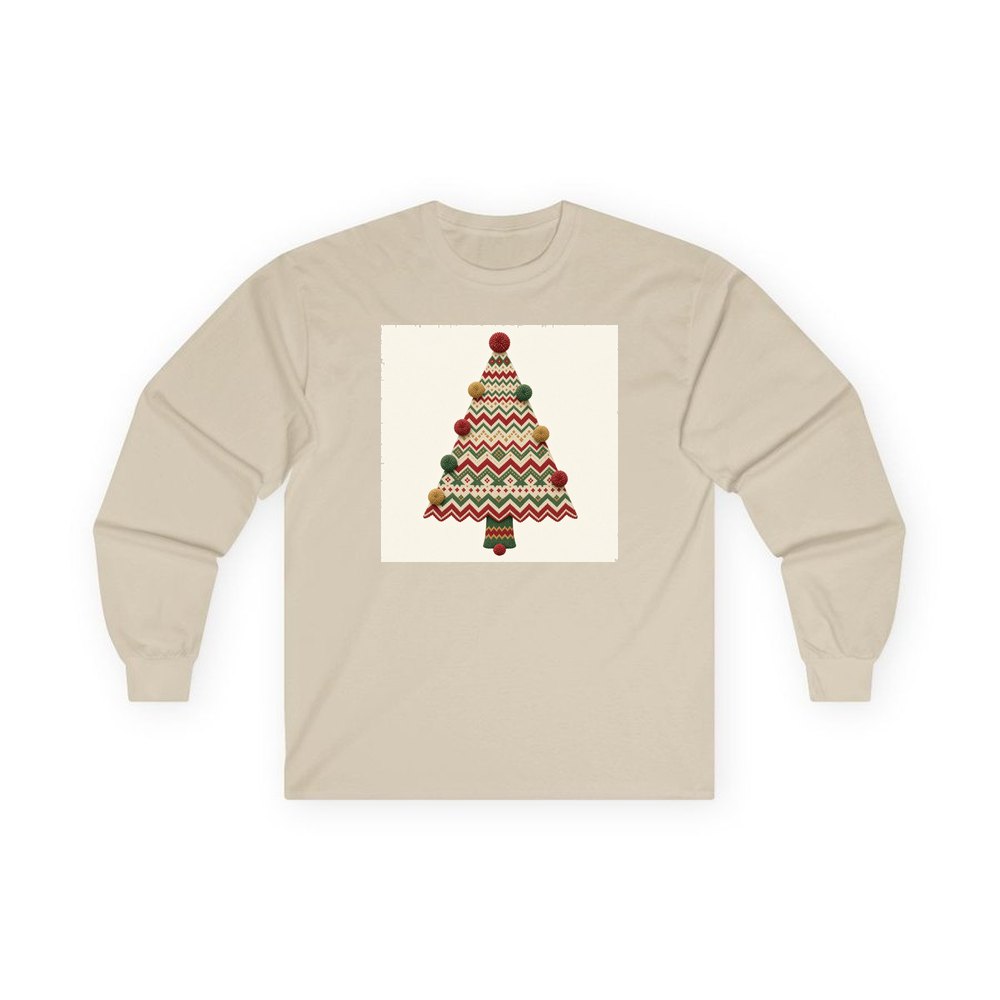 Knitted Fair Isle Tree personalised long sleeve Christmas T-shirt in sand