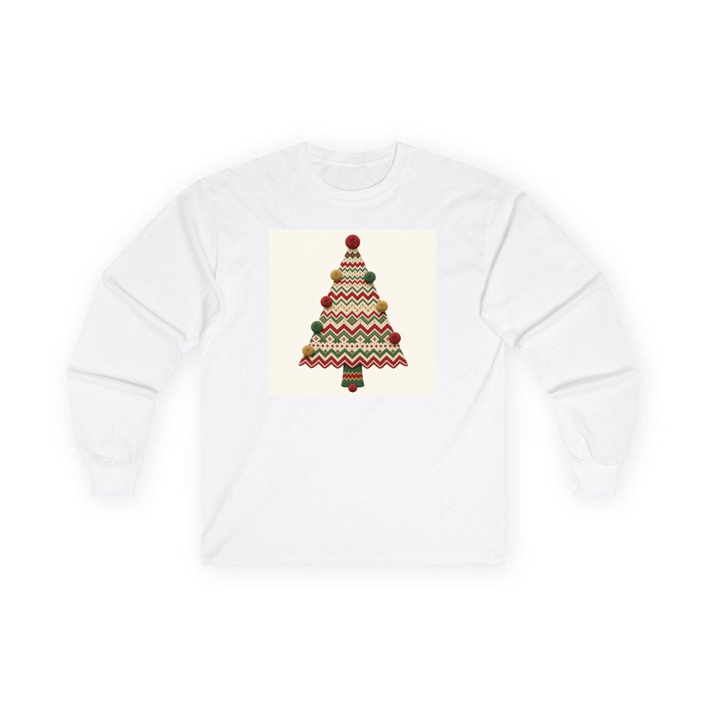 Knitted Fair Isle Tree personalised long sleeve Christmas T-shirt in white