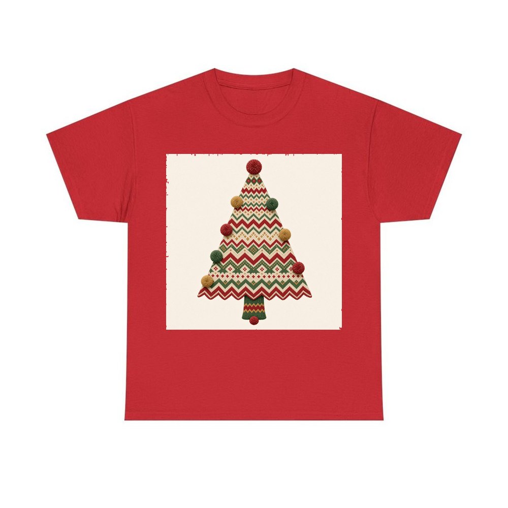 Knitted Fair Isle Tree personalised Christmas T-shirt in red