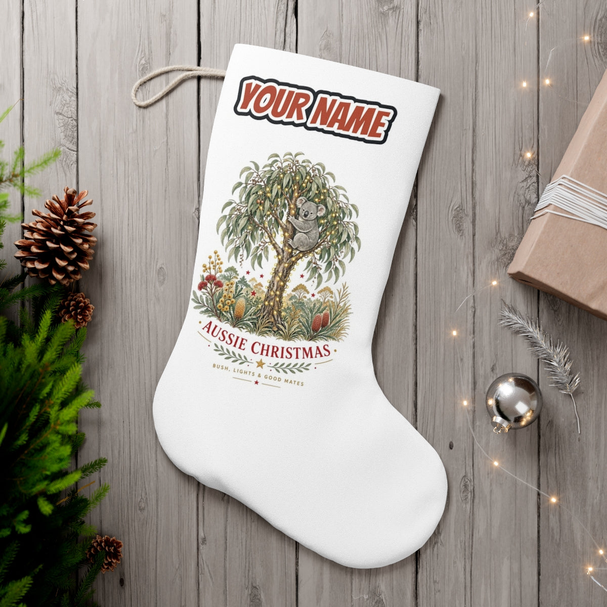 Koala Gum Tree Christmas personalised Christmas stocking, white, with the name across the top