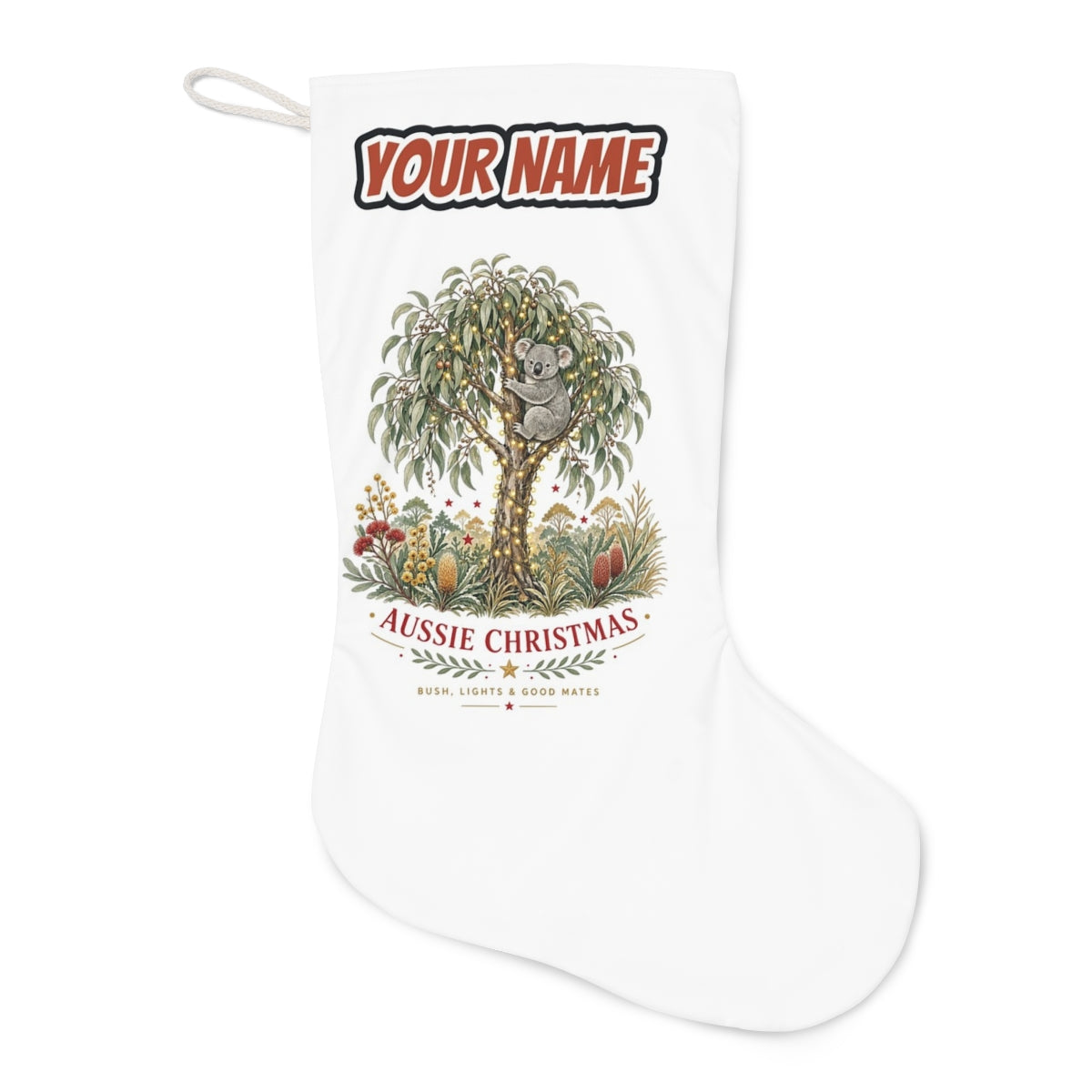 Koala Gum Tree Christmas Christmas stocking laid flat, showing the full print