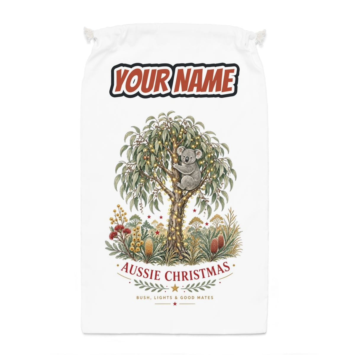 Koala Gum Tree Christmas Santa sack laid flat, showing the full print