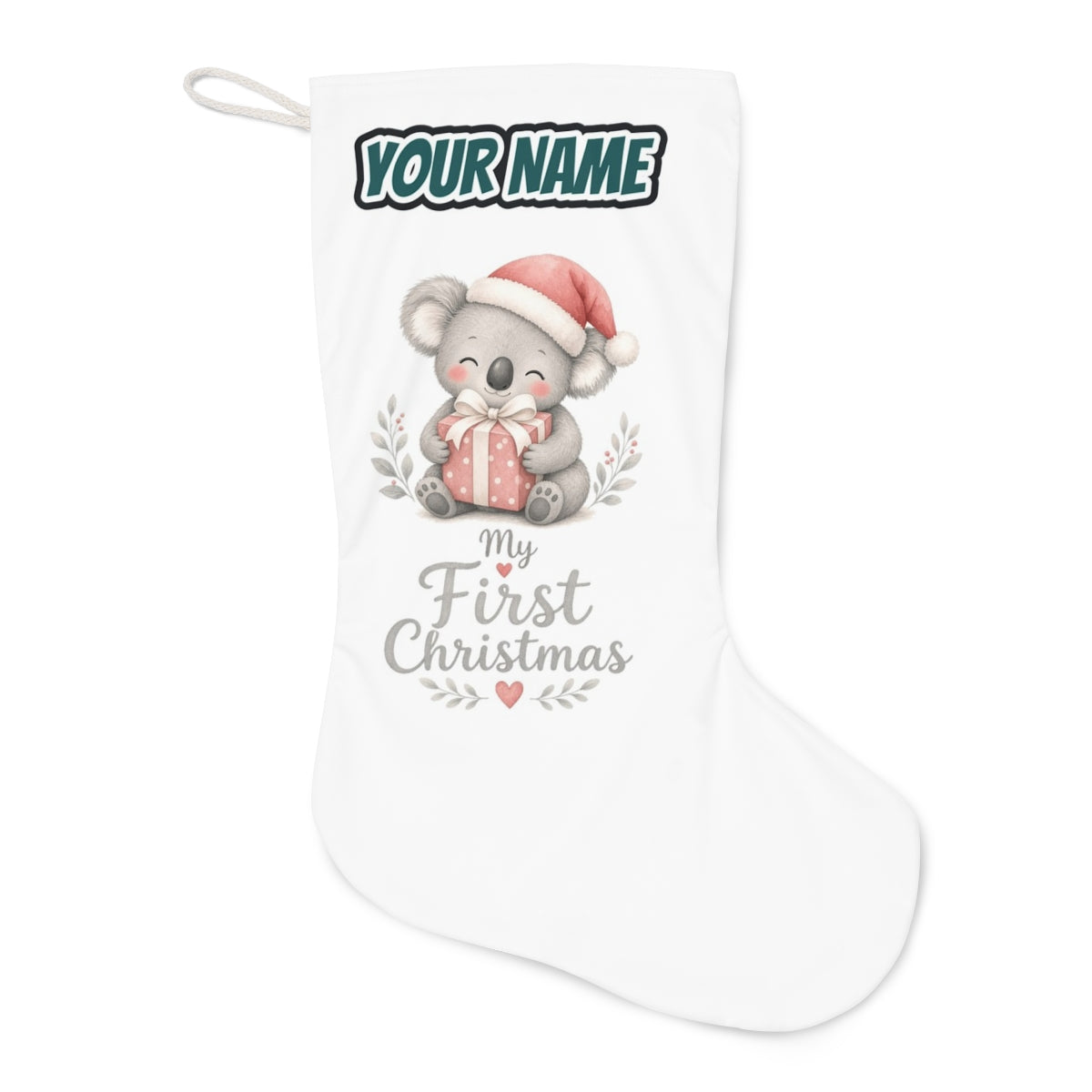 Koala's First Christmas Christmas stocking laid flat, showing the full print